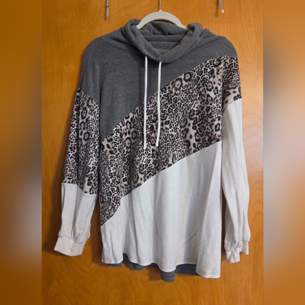 Gray and White Leopard Print Cowl Neck Sweater